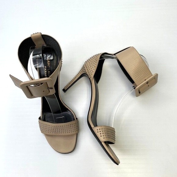 Saint Laurent Shoe Women 8.5 Jane Ankle Strap Italy Studs Heel Party Core 38.5 - Picture 1 of 14